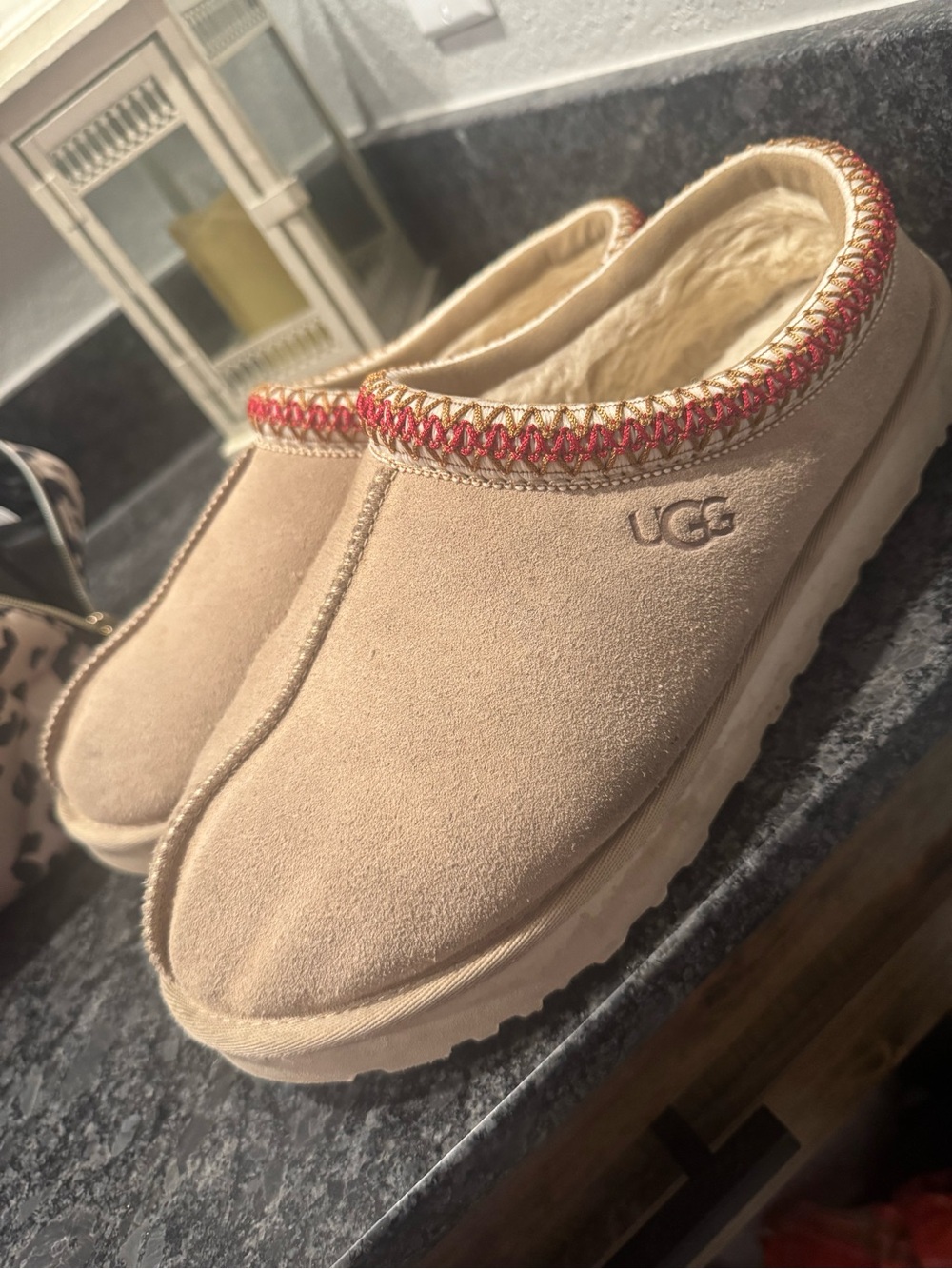 UGG Sand Suede Slip-On Shearling Clog with Multicolor Trim